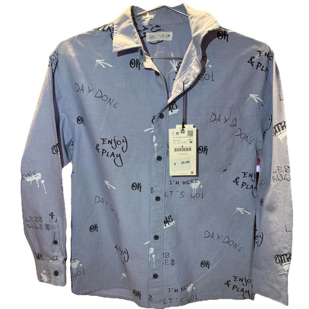 ZARA Boys Blue Graphic Print Join Life Button-Up Shirt Size 10 (140cm)